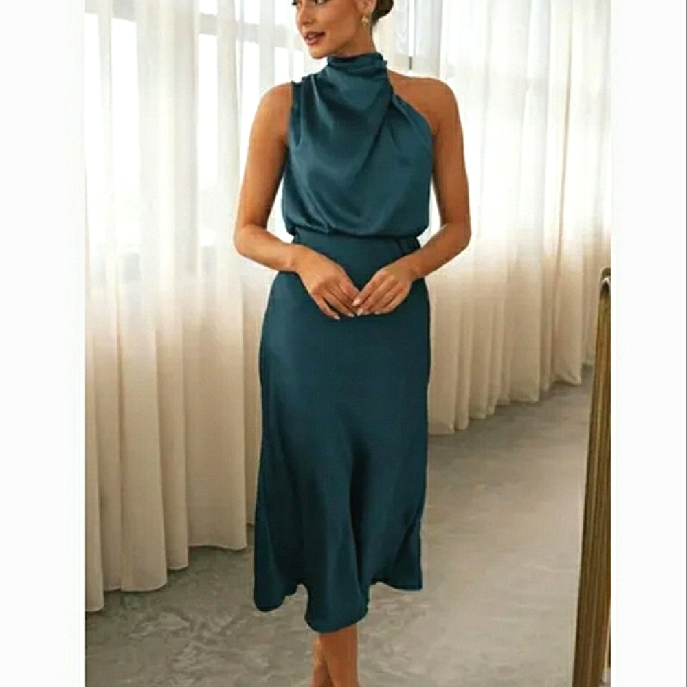 Draped Satin Asymmetric High Neck Sleeveless Midi Dress - Picture 12 of 12